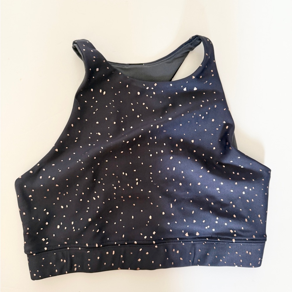 Peloton Show Up Navy and Rose Gold Metallic Hugh Neck Sports Bra NWT